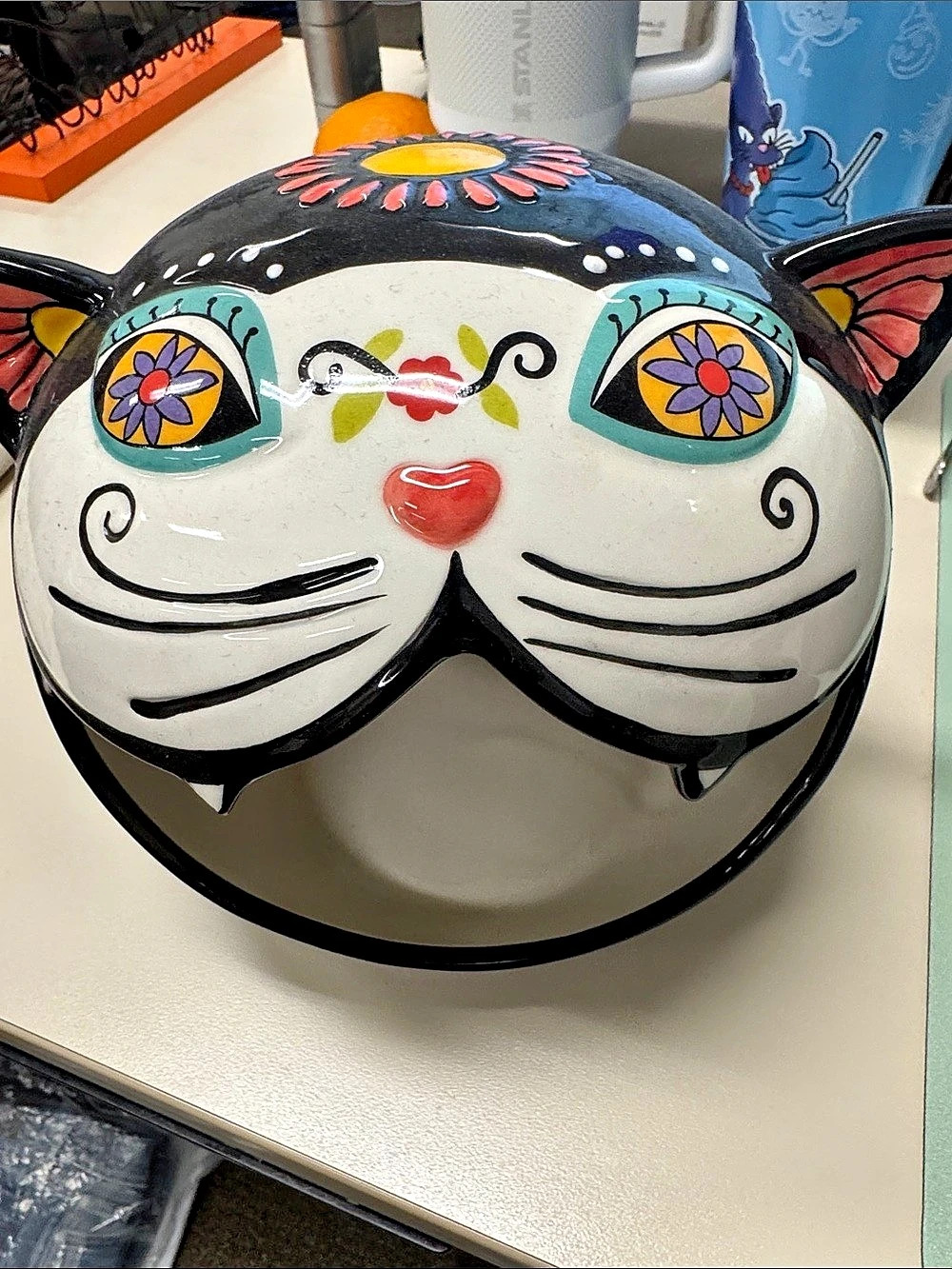 Día de Los Muertos Ashland Black Cat Head Ceramic Candy Bowl in Black & White
